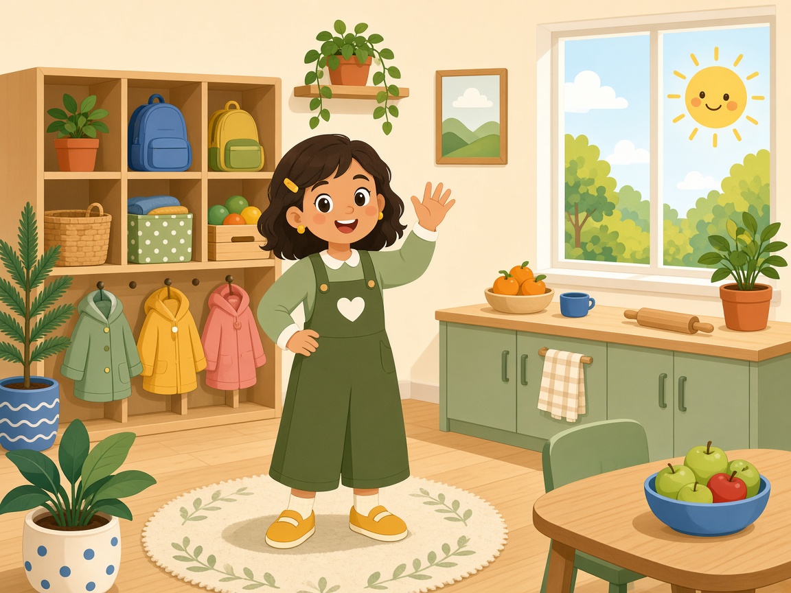 Cartoon family day home educator welcoming children at the kitchen door