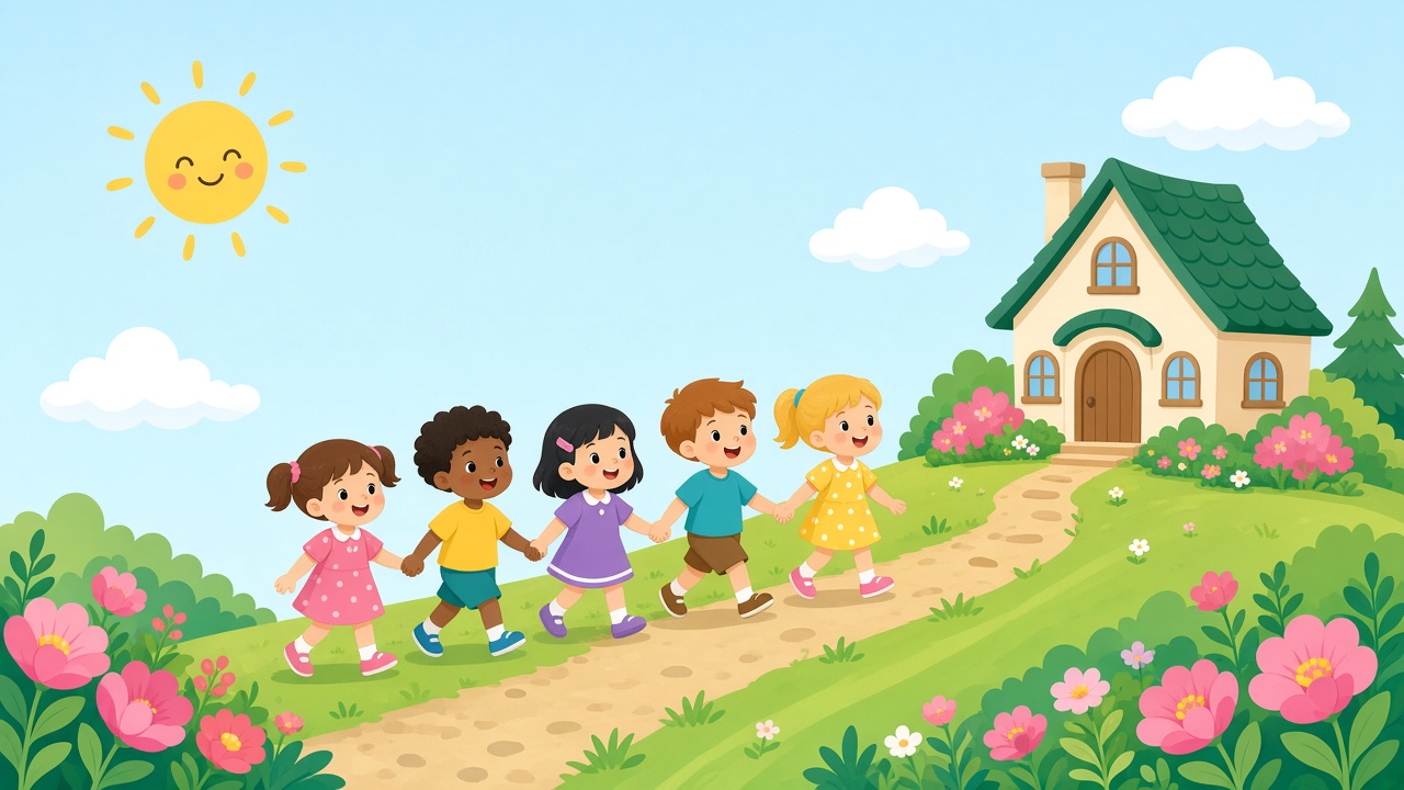 Cartoon family waving at a Jack’n Jill cottage