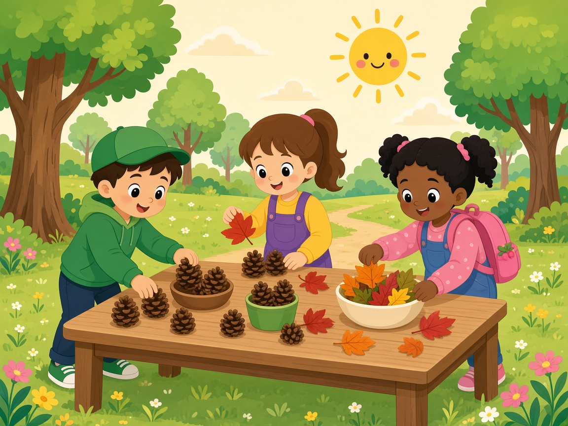 Cartoon children collecting pinecones and leaves outdoors