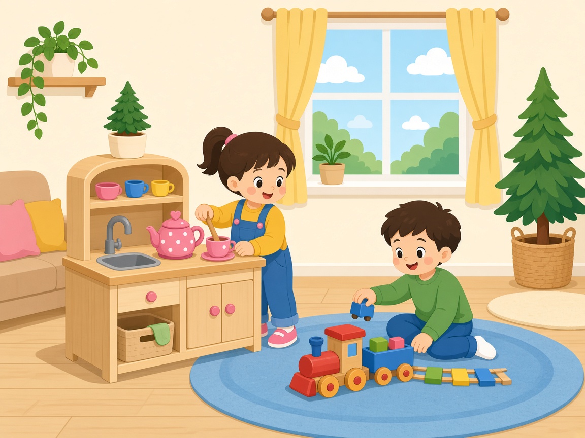 Cartoon children playing at a wooden kitchen and with a train
