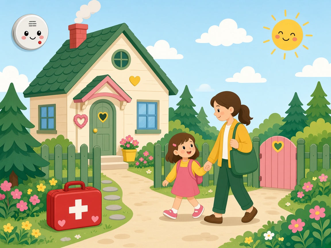 Cartoon house with a first-aid kit and a child holding an adult’s hand in a fenced yard